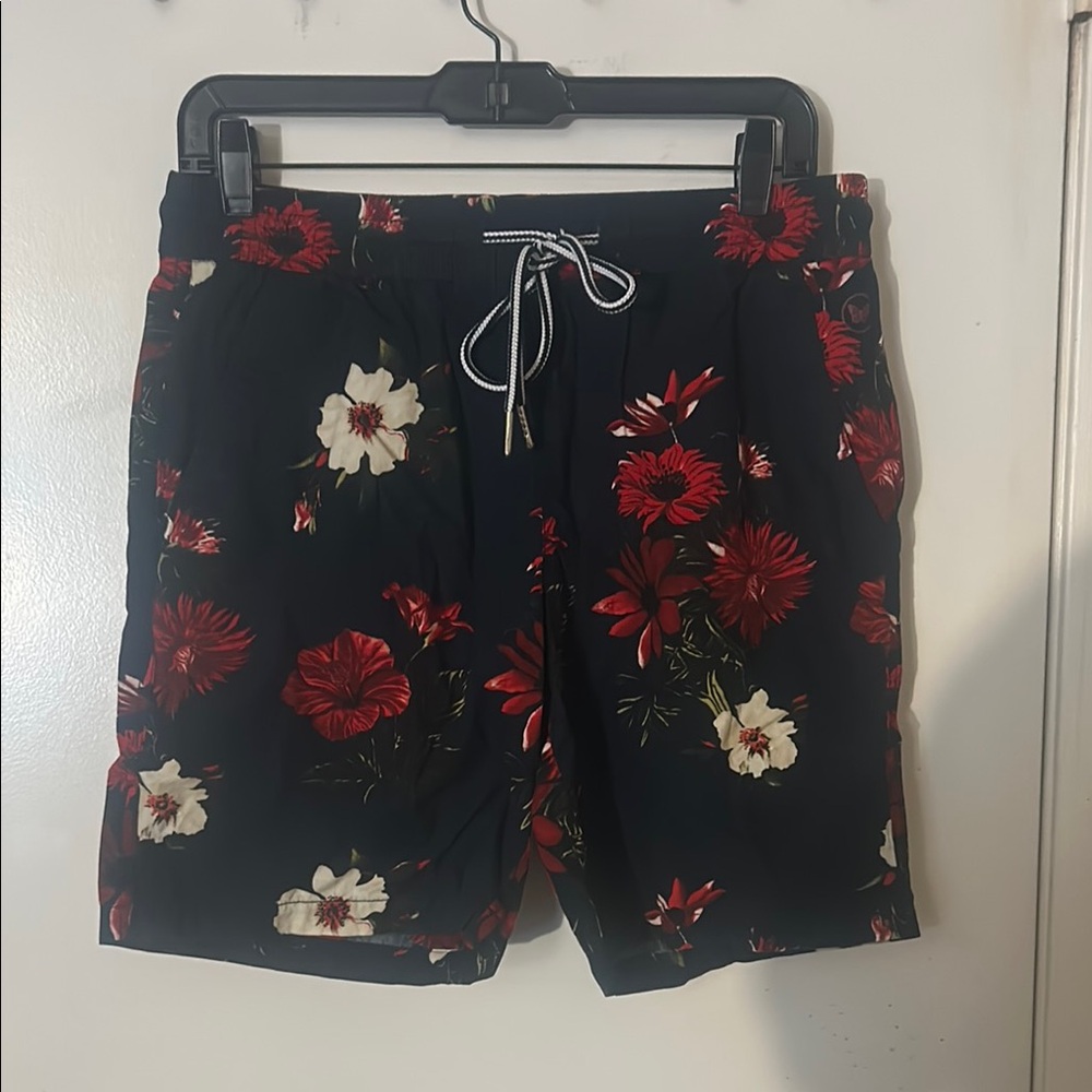 Denim & Flower Black and Red Board Shorts Floral